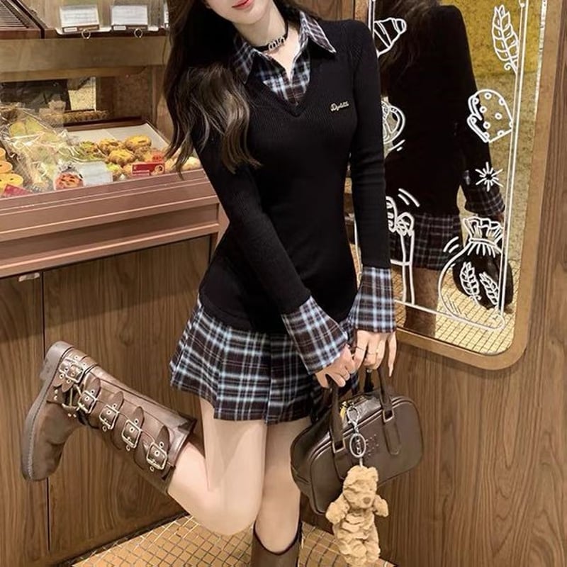 フェイクレイヤード ワンピース 刺繍ロゴ ミニワンピース プリーツ