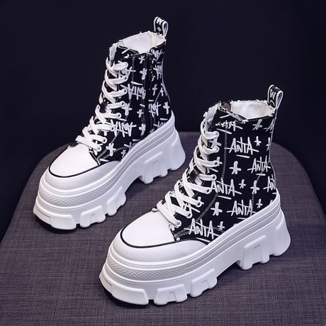 厚底 キャンバススニーカー ハイカット 22.5～24.5cm シューレース サイドファスナー 英字柄 ベーシック カジュアル 大人可愛い ガーリー DTC-650901386927