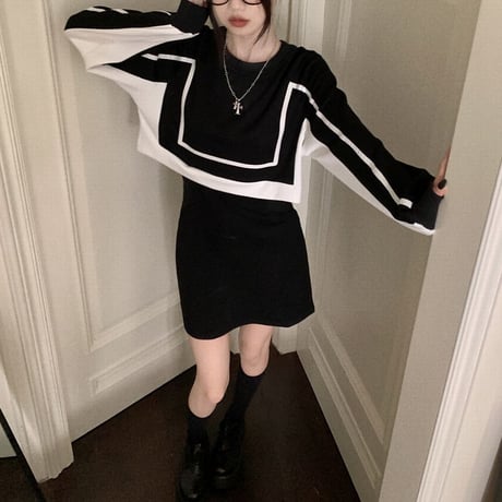 フェイクレイヤード ワンピース バイカラー ドッキングワンピース ルーズ ハイウエスト 長袖 レトロ 韓国ファッション レディース 大人可愛い ガーリー DTC-683954252526