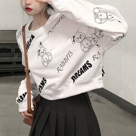 トレーナー うさぎ ラビット ショート丈 ルーズ 長袖 トップス クロップド丈 韓国ファッション レディース ガーリー カジュアル ストリートファッション DTC-652576796234