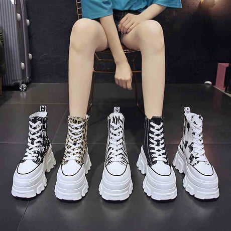 厚底キャンバススニーカー 22.5～24.5cm ハイカット シューレース サイドファスナー ベーシック カジュアル 大人可愛い ガーリーDTC-650901386927