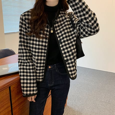 チェック柄 ショートジャケット ノーカラー 襟なし シングルブレスト 長袖 ルーズ レトロ 韓国ファッション レディース 大人可愛い ガーリ DTC-657458574513