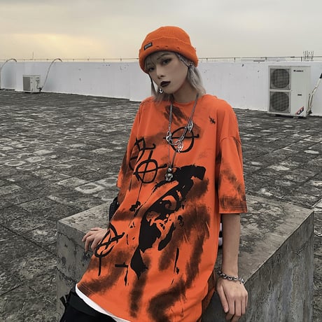 ユニセックス Tシャツ 半袖 メンズ レディース ラウンドネック 落書き風 グラフィティプリント オーバーサイズ 大きいサイズ ルーズ ストリート TBN-617074093201