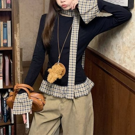 フェイクレイヤード トップス チェック柄 フレア ベルスリーブ スリムフィット ロンT 長袖 レトロ 大人可愛い ガーリー DTCA-868069501061
