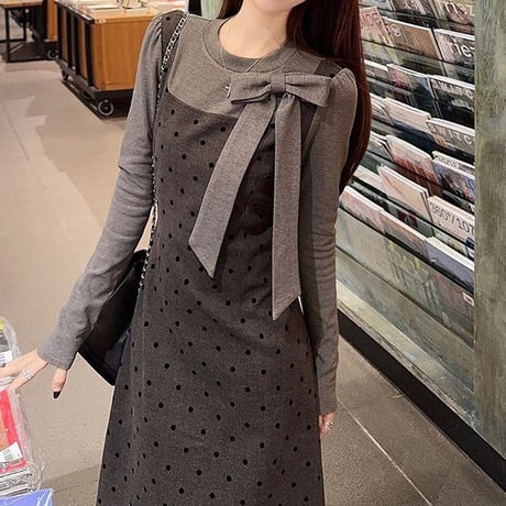 フェイクレイヤード ロングワンピース フェイクツーピース リボンタイ付き カットソー ドット柄ワンピース スリムフィット 長袖 レトロ 大人可愛い ガーリー DTC-865203893747