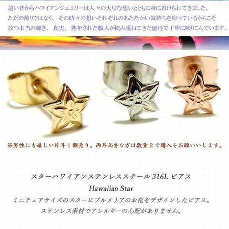 【片耳用】 ハワイアンジュエリー ピアス 金属アレルギー対応 スター 星 プルメリア サージカルステンレス シルバー ゴールド ピンクゴールド アクセサリー ges8168
