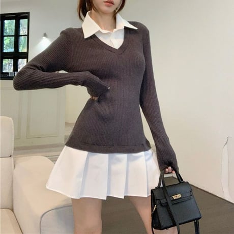 フェイクレイヤード ワンピース ドッキングワンピース ニット プリーツ スリムフィット Aライン 長袖 レトロ 韓国ファッション レディース 大人可愛い ガーリー DTCA-769852936406
