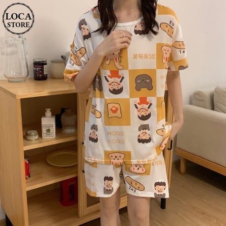 ルームウェア パジャマ セットアップ ラウンドネック プリント ウエストゴム 上下セット トップス ショートパンツ 部屋着 大人可愛い ガーリー フェミニン DTC-642929082786