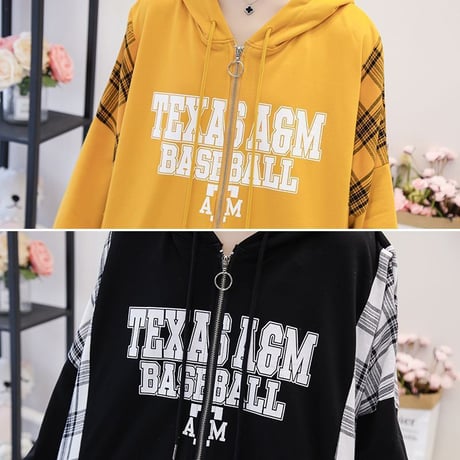 ドッキングトップス ジップアップ パーカー ＋ ネルシャツ チェック柄 薄手 不規則デザイン ゆったり 韓国ファッション レディース ガーリー カジュアル DTC-612785449184