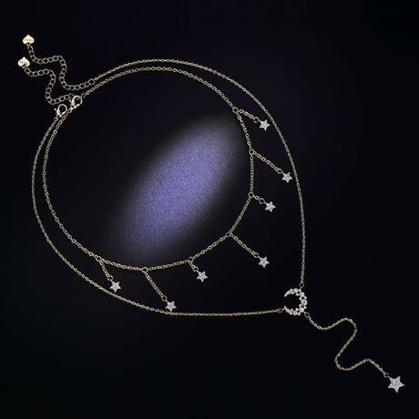 ネックレス レディース ムーン＆スター ゴールド ジルコニア 2連ネックレス 合金 金メッキ メッキ18K シンプル ペンダント 人気 ジュエリー チェーン付 (DTC-571418710233)