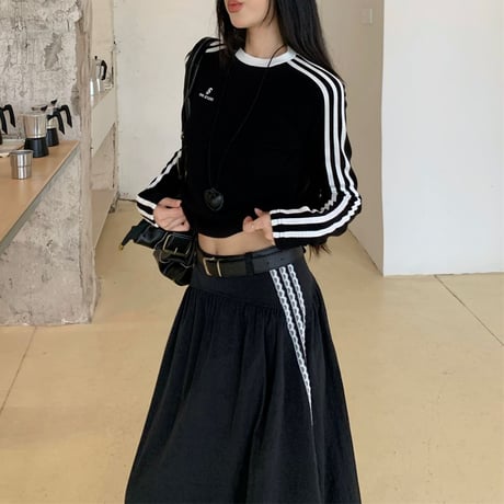 セットアップ サイドライン ロゴ トップス ロングスカート スリムフィット ロンT 長袖 レトロ 韓国ファッション レディース スポーツミックス カジュアル DTC-827098089125