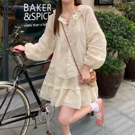 フェイクレイヤード ワンピース レース フリル ミニワンピース ゆったりウエスト Aライン 長袖 レトロ 韓国ファッション レディース 大人可愛い ガーリー DTC-769341141605