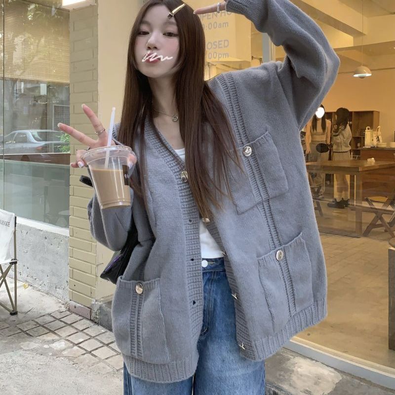 アプリコット/グレー】ニット カーディガン ポケット Vネック ルーズ