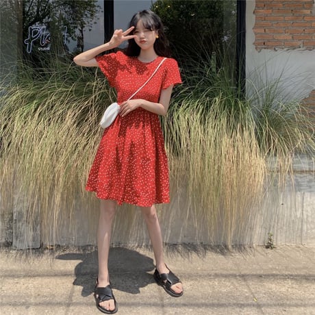 ワンピース ドット柄 韓国ファッション レディース Aライン ハイネック ミドル丈 ラウンドネック シンプル ガーリー フェミニン DTC-616578010538