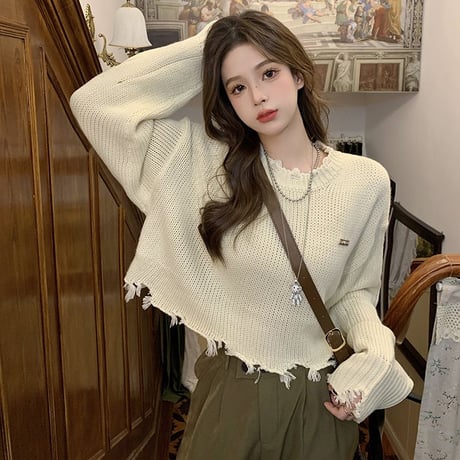 ダメージ加工 ニット ショート丈 セーター トップス ダメージニット 長袖 秋 冬 レトロ 韓国ファッション レディース 大人可愛い ガーリー カジュアル DTC-680077592781