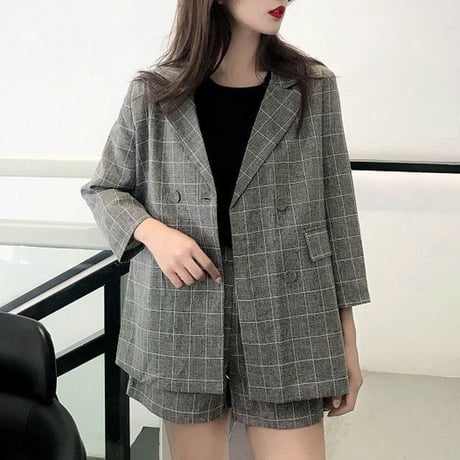 レディース ジャケット ショートパンツ チェック柄 セットアップ 大人 ガジュアル ハイウエスト ガーリー 韓国ファッション (DCT-588392928821)
