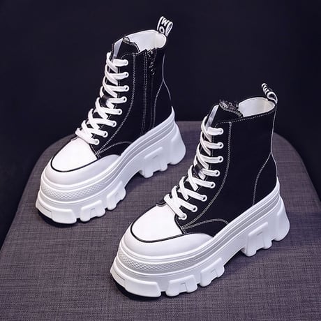 厚底 キャンバススニーカー ハイカット 22.5～24.5cm シューレース サイドファスナー ブラック ベーシック カジュアル 大人可愛い ガーリー DTC-650901386927