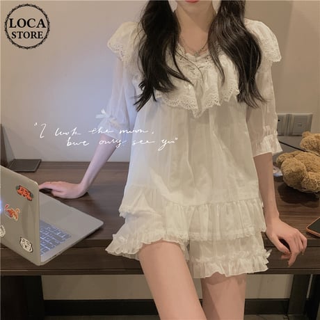ルームウェア トップス ＋ ショートパンツ パジャマ Vネック フリル レース セットアップ 韓国ファッション レディース 上下セット 部屋着 ガーリー フェミニン DTC-619579110137