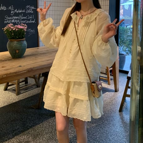 フェイクレイヤード ワンピース レース フリル ミニワンピース ゆったりウエスト Aライン 長袖 レトロ 韓国ファッション レディース 大人可愛い ガーリー DTC-769341141605