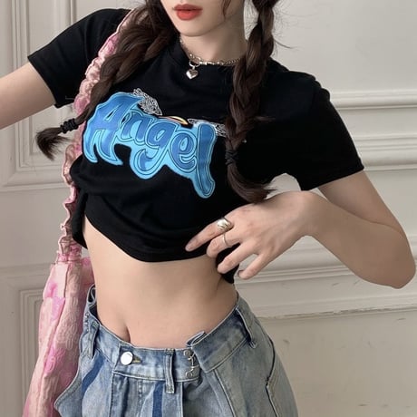 【2カラー】 Tシャツ 半袖 クロップド丈 天使の羽 Angel 大人可愛い ガーリー 韓国ファッション レディース カジュアル 韓国ストリートファッション DTC-666640912310