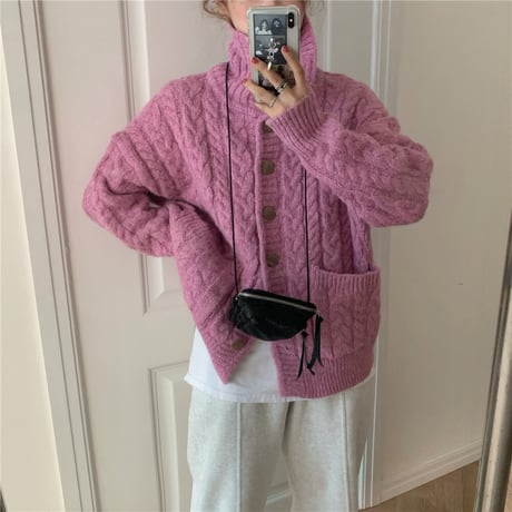 ニットカーディガン ケーブル編み ボタン 厚手 オーバーサイズ ニット 長袖 ゆったり レトロ 韓国ファッション レディース 大人可愛い ガーリー DTC-656866872682