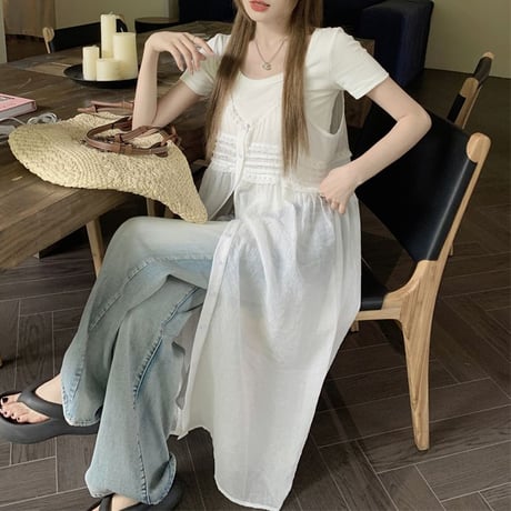 シアー キャミソールワンピース キャミワンピース レース ジレ シフォン ノースリーブ ロング丈 ルーズ レトロ 韓国ファッション レディース 大人可愛い ガーリー DTC-779276429826
