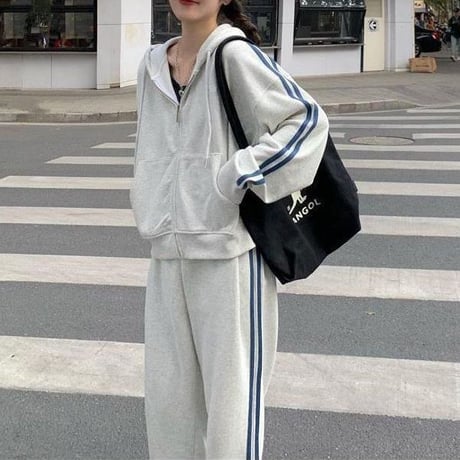 セットアップ 上下セット スウェット サイドライン ジップアップ パーカー パンツ ジャージ ルーズ レトロ 大人可愛い ガーリー カジュアル スポーツミックス DTCA-687375312327