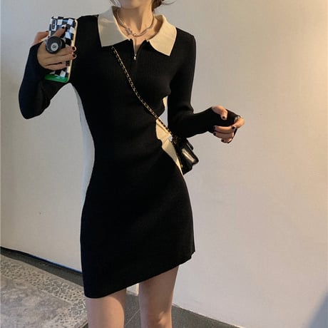 襟付き ニットワンピース ハーフジップ スリム ショート丈 長袖 薄手 ハイウエスト レトロ 韓国ファッション レディース  大人可愛い ガーリー DTC-656115004608
