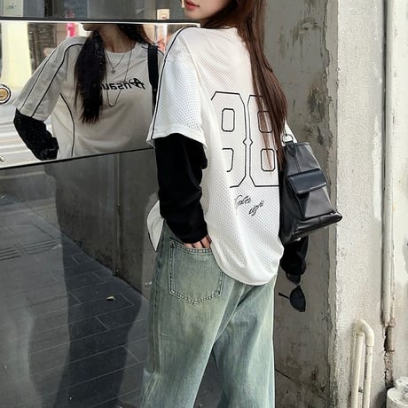 フェイクレイヤード Tシャツ 重ね着 ナンバー ロンT オーバーサイズ トップス 長袖 レトロ 韓国ファッション レディース 大人可愛い ガーリー スポーツミックス DTC-818770841972