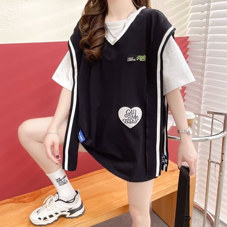フェイクレイヤード Tシャツ ベスト ドッキングトップス 薄手 オーバーサイズ プルオーバー 半袖 レトロ 韓国ファッション レディース 大人可愛い ガーリー DTC-674778788204