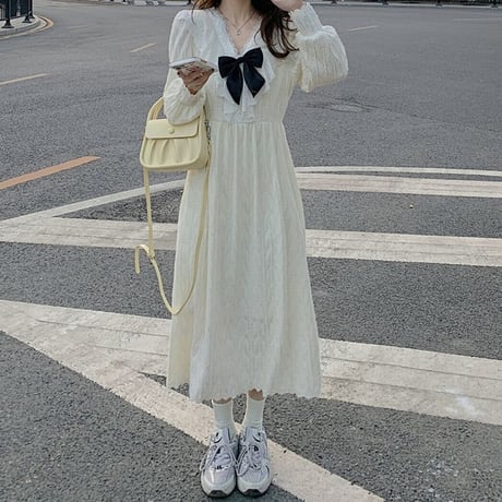 ワンピース リボン フリル 裏起毛 Vネック ハイウエスト ロング丈 Aライン 長袖 レトロ 韓国ファッション レディース 大人可愛い ガーリー フェミニン DTC-664791241864