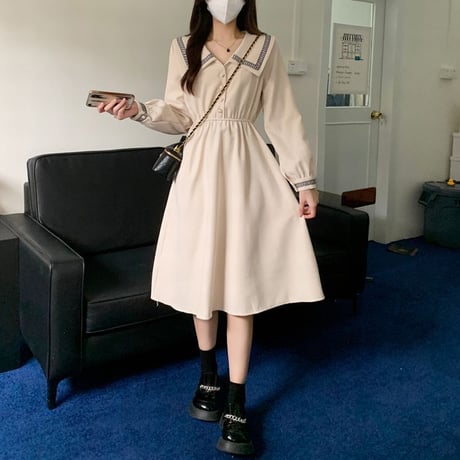 襟付き ワンピース フロントボタン ロング丈 ウエストゴム 長袖 ハイウエスト レトロ 韓国ファッション レディース 大人可愛い ガーリー DTC-657688440052