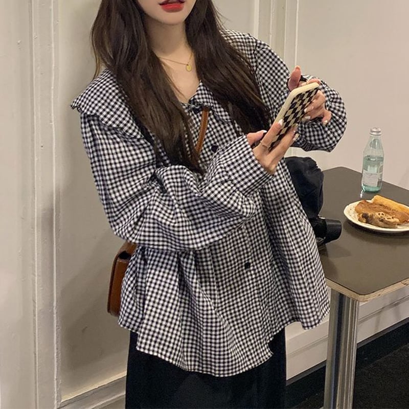 オールドマンズテーラー　ギンガムチェック　ピエロカラーブラウス　襟 オールドマンズテーラー ギンガムチェック ピエロカラーブラウス 襟 R