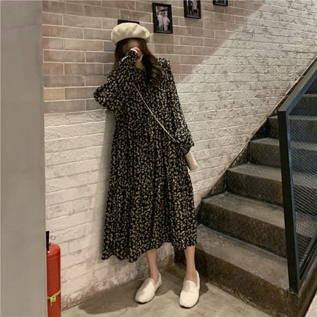 花柄 ワンピース 韓国ファッション レディース 大きい襟 フラワー フリル ハイウエスト ボタン 長袖 シンプル レトロ ガーリー (DTC-606073060234)