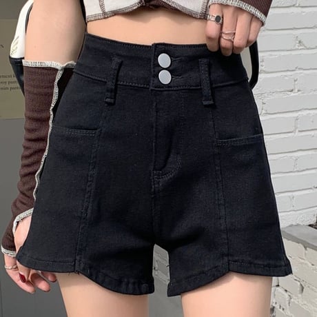 デニムショートパンツ ブラック ワイドレッグパンツ ボタン ハイウエスト Aライン レトロ 韓国ファッション レディース 大人可愛い ガーリー カジュアル DTC-667422863677