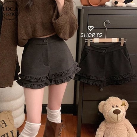 フリル ショートパンツ フェイクウール ハイウエスト スリム Aライン ショートボトム 秋 冬 レトロ 韓国ファッション レディース 大人可愛い ガーリー DTCA-873635337938