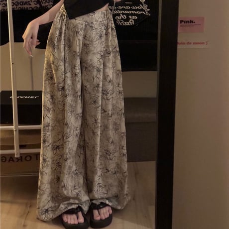 花柄 モップパンツ ワイドパンツ ハイウエスト ウエストゴム ルーズ レトロ 韓国ファッション レディース 大人可愛い レトロ ガーリー カジュアル DTC-711181174852