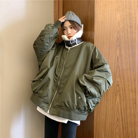 ボアカラーブルゾン MA-1 ネックベルト オーバーサイズ ラムウール 韓国ファッション レディース ジャケット ブルゾン アウター 防寒 ボア カジュアル DTC-628885333328