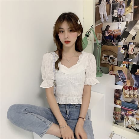ブラウス ショート丈 半袖 韓国ファッション レディース トップス フレア レーストップス シフォン 透け感 穴あき フレアスリーブ ガーリー 619020960448