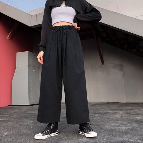ユニセックス ワイドパンツ S M L XL ワイドレッグパンツ ウエスト紐 9分丈 ハイウエスト ゆったり 韓国ファッション メンズ レディース カジュアル DTC-638334168423