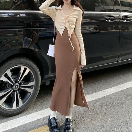 フェイクレイヤード ワンピース ドッキングワンピース 襟付き ハイウエスト スリット ロング丈 Aライン レトロ 韓国ファッション レディース 大人可愛い ガーリー DTC-703963287461