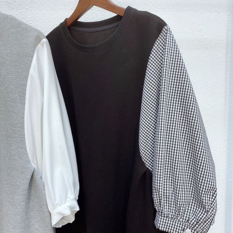 ドッキングブラウス 5分袖 トップス バルーン袖 チェック柄 無地 フェイクレイヤード Tシャツ レトロ 韓国ファッション レディース 大人可愛い ガーリー DTC-708136202207