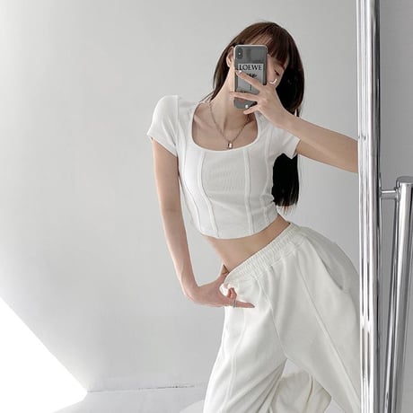Tシャツ スクエアネック 半袖 クロップド丈 トップス リブ タイト スリムフィット スリムtシャツ シンプル レトロ 大人可愛い ガーリー カジュアル DTCA-704390055680
