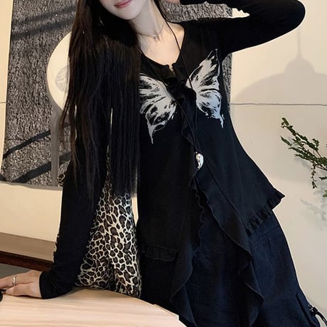 トップス 長袖 バタフライ プリント 不規則デザイン Vネック フリル リボン スリムフィット Tシャツ レトロ 韓国ファッション レディース 大人可愛い ガーリー DTCA-828604186140