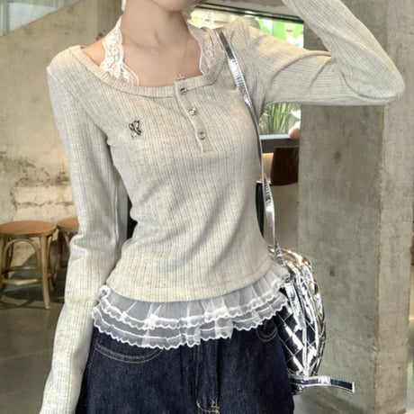 ニット レース ドッキング ヘンリーネック トップス Tシャツ フェイクレイヤード スリムフィット スクエアネック レトロ 韓国ファッション 大人可愛い ガーリー DTC-878983680406