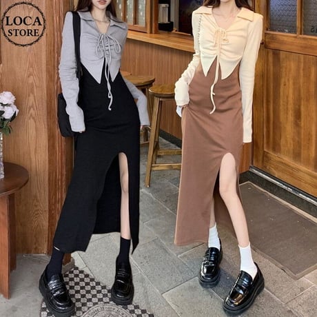 フェイクレイヤード ワンピース ドッキングワンピース 襟付き ハイウエスト スリット ロング丈 Aライン レトロ 韓国ファッション レディース 大人可愛い ガーリー DTC-703963287461