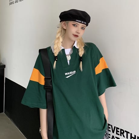 ユニセックス バイカラー ポロシャツ 半袖 オーバーサイズ 韓国ファッション メンズ レディース トップス ルーズ カジュアル ストリートファッション DTC-643113682356