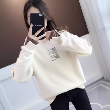 フェイクレイヤード ハーフタートルネック トレーナー プラスベルベット バイカラー 長袖 秋冬 レトロ 韓国ファッション レディース 大人可愛い ガーリー カジュアル DTC-741211280064
