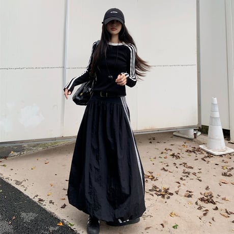 セットアップ サイドライン ロゴ トップス ロングスカート スリムフィット ロンT 長袖 レトロ 韓国ファッション レディース スポーツミックス カジュアル DTC-827098089125