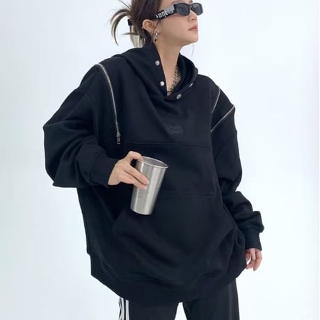 プルオーバー パーカー ショルダージップ ロゴ トップス フード付き スウェット オーバーサイズ ルーズ 長袖 大人可愛い ガーリー カジュアル DTCA-753307374245
